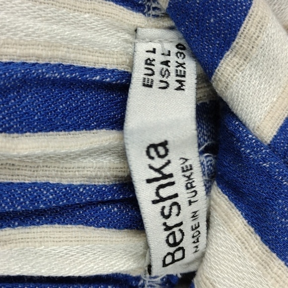 BERSHKA Blue White Striped Paper High Rise Bag Waist Skinny Leg Pull On Pant - Picture 4 of 13